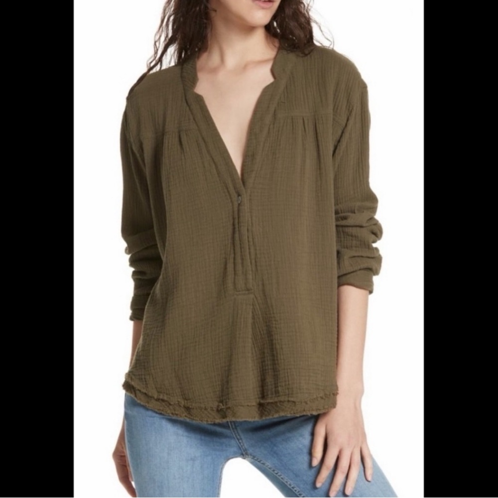 Free People Olive Gauze Henley Tunic Top